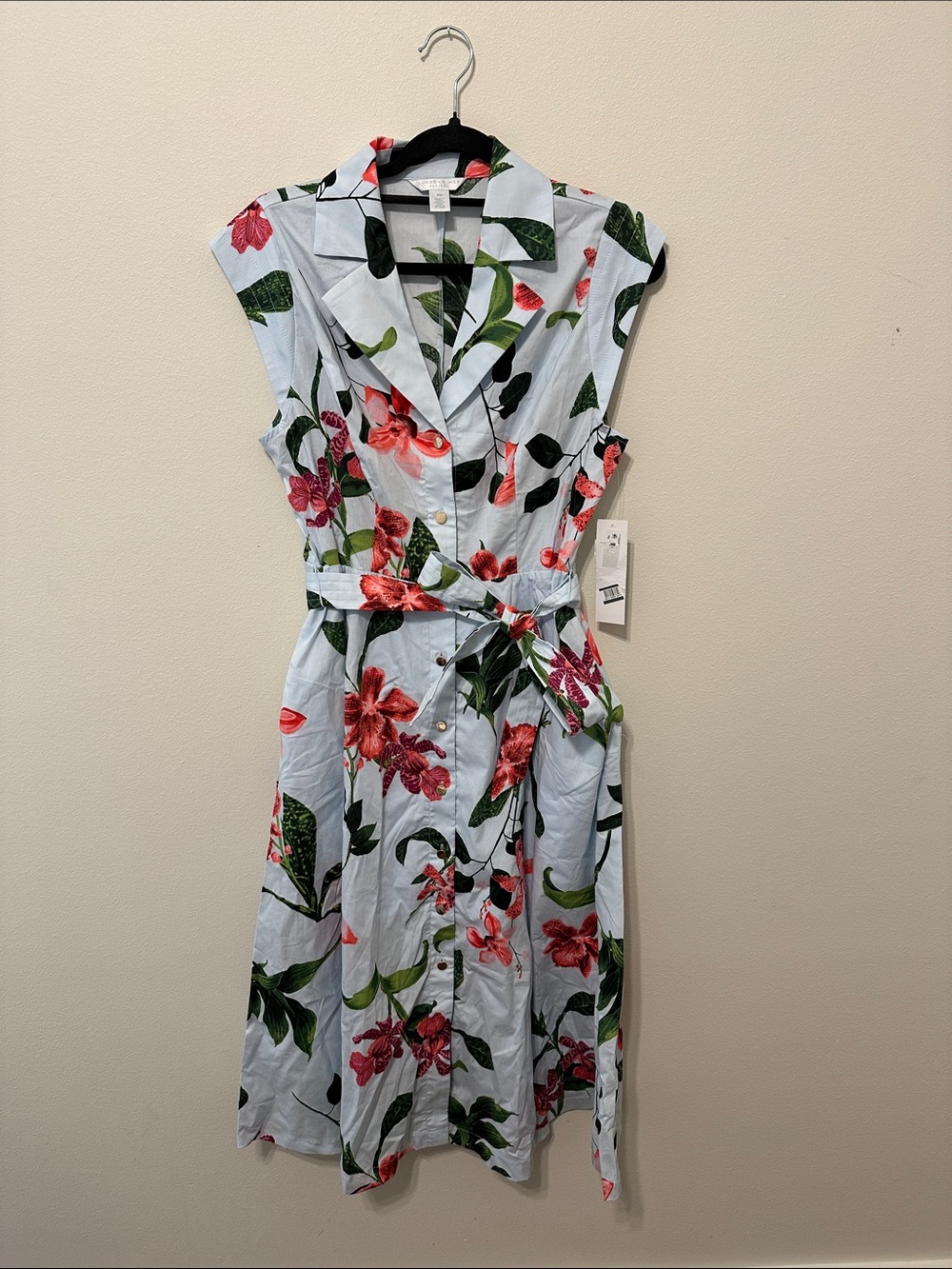 London Times Light Blue Sleeveless Floral Tie-Waist Midi Dress